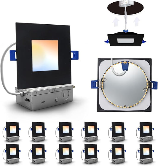Adetu 4 inch Square Led Recessed Lighting Black,5CCT Ultra Thin Square Led Ceiling Light with Junction Box,2700K-5000K, 10W 860LM,Can-Killer Wafer Downlight,ETL and Energy Star Certified