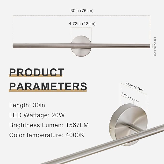 Brushed Nickel Bathroom Light Fixtures Over Mirror 30 Inch, 20W 360° Rotatable Dimmable 4000K LED Vanity Light Bar, Modern Bathroom Vanity Lights Above Mirror