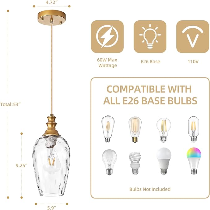 Pendant Lights Kitchen Island, Brushed Gold Modern Pendant Light Fixtures, Adjustable Cable Hanging Lighting with Hand-Blown Glass Shade & E26 Base for Bedroom, Hallway, Dining Room, 2 Pack