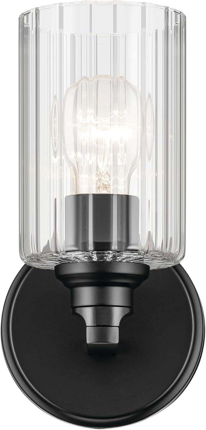 Kichler Gioe 5" 1-Light Wall Sconce Bathroom Light Fixture with Clear Fluted Glass in Black, Damp Rated for Powder Room, Kitchen, Hallway, Bedroom (5" W x 9.5" H), 55224BKFLU