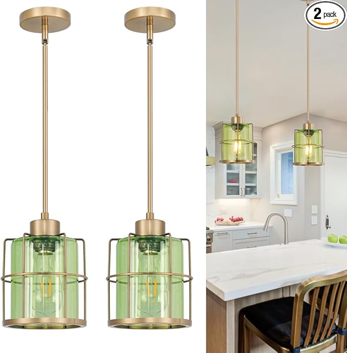 Farmhouse Pendant Lights Kitchen Island Set Of 2, Black Kitchen Pendant Lighting Over Sink, Adjustable Bathroom Pendant Lights, Ceiling Hanging Fixture With Green Glass For Dining Room Hallway