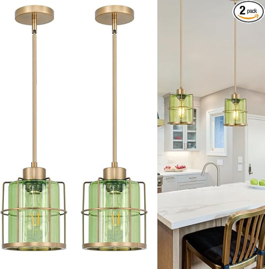 Farmhouse Pendant Lights Kitchen Island Set Of 2, Black Kitchen Pendant Lighting Over Sink, Adjustable Bathroom Pendant Lights, Ceiling Hanging Fixture With Green Glass For Dining Room Hallway