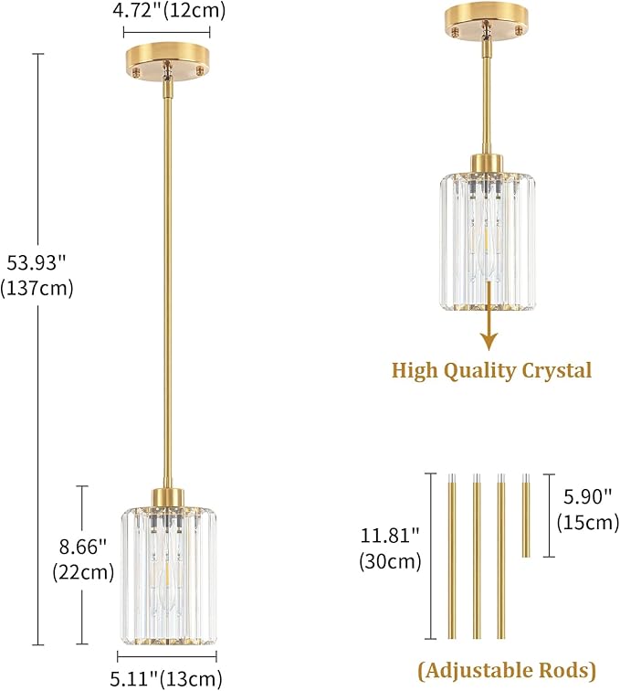 2 Pack Crystal Pendant Lights Kitchen Island, Brushed Brass Kitchen Pendant Lighting Over Island, Modern Dining Room Light Fixtures Adjustable Hanging Pendant Light for Bathroom Hallway Bedroom Foyer