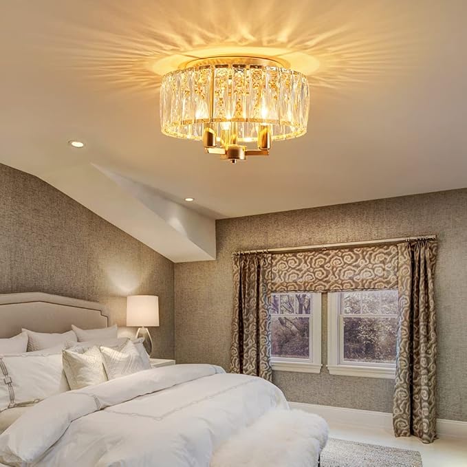 AGV LIGHTING CL002G Crystal Semi Flush Mount Ceiling Light Fixture, E12 Base 3-Lights, D13 x H15, Shine Gold Finish