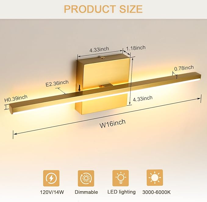 Brushed Gold Vanity Light 16 Inch Modern Bathroom Light Fixtures 14W Wall Vanity Lamp Over Mirror, Dimmable 5CCT LED Wall Sconce for Bedroom Cabinets UL Certificated