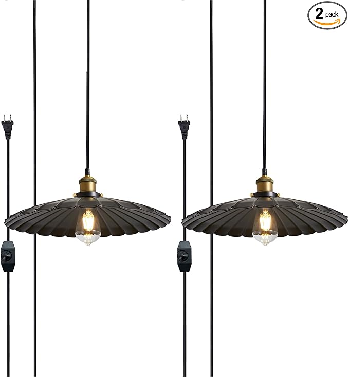 Hanging Plug in Light 2Pack Rustic Black 13.8 Inch Lampshade with 14Ft Cord Bar Counter Hanging Light Fixture with Plug in Cord On/Off Switch Hanging Lamp Plug in