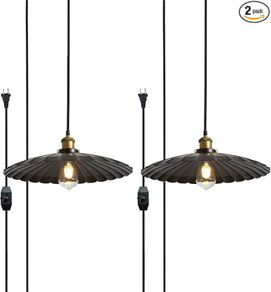 Hanging Plug in Light 2Pack Rustic Black 13.8 Inch Lampshade with 14Ft Cord Bar Counter Hanging Light Fixture with Plug in Cord On/Off Switch Hanging Lamp Plug in