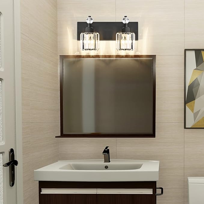 PRESDE 2-Light Crystal Bathroom Lights Fixtures Modern Matte Black Wall Lighting Over Mirror