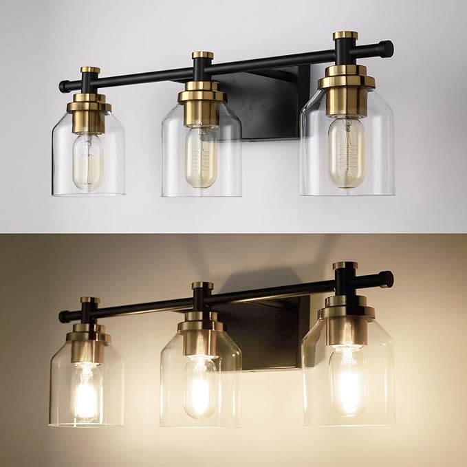SOLFART Vintage 3-Light Bathroom Vanity Light Over Mirror Globe Vanity Light Fixtures for Bathroom Glass Shade Bath Fixtures 3 Lights
