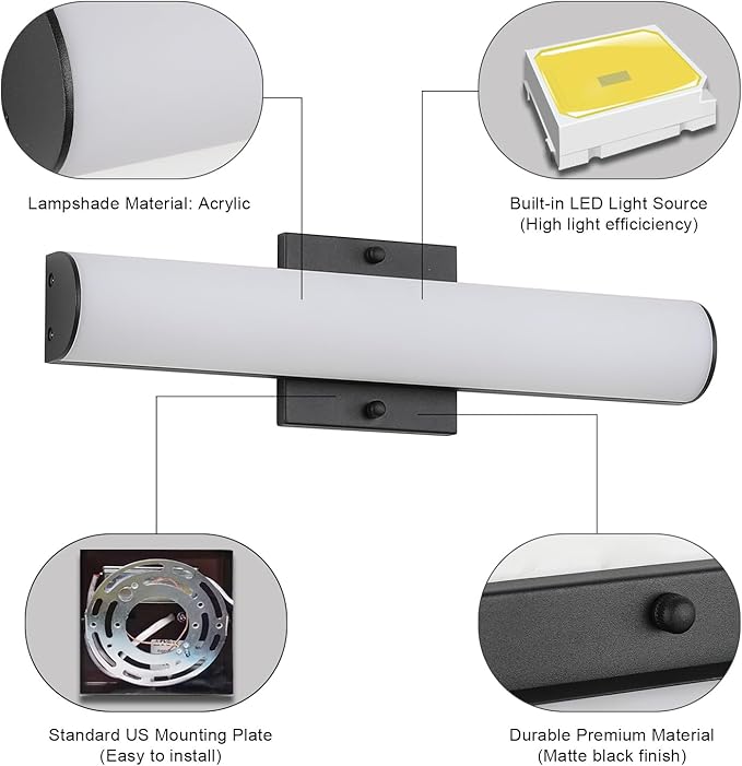 18W LED Bathroom Vanity Light Bar,16Inch Matte Black Bathroom Wall Lighting Fixtures Over Mirror, Modern Acrylic Bath Wall Fixture, Cool White 5500K Wall Sconce Lighting