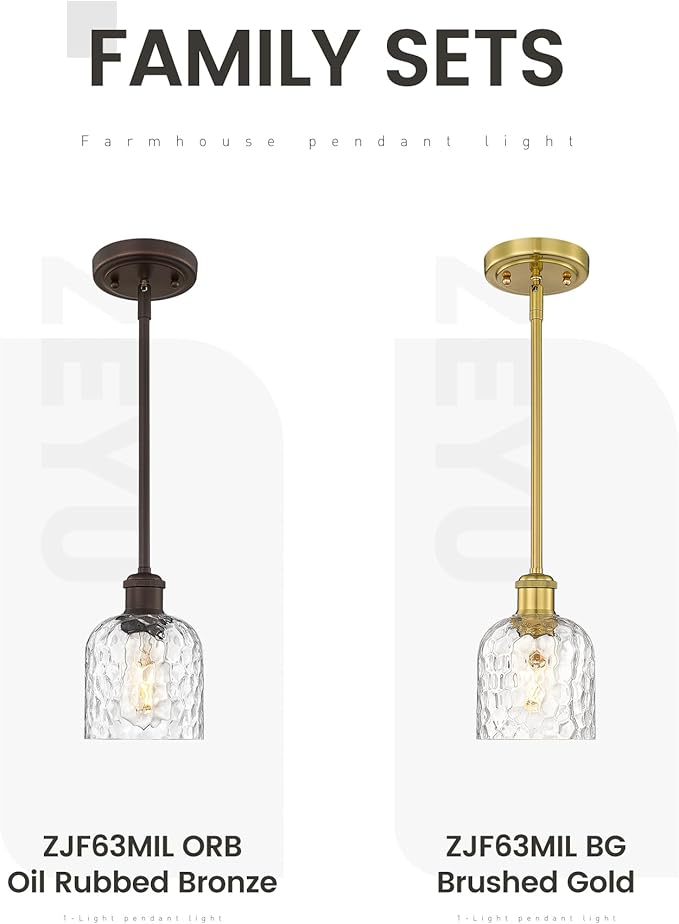 zeyu Modern 1 Light Hanging Lamp, Hanging Lighting Fixture Set of 2, Gold Pendant Light with Clear Hammered Glass, Brushed Gold Finish, ZJF63MIL-2PK BG