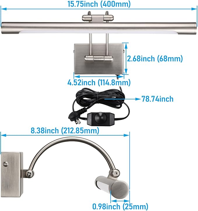 LEONLITE 3CCT Dimmable LED Picture Light, 2700K/3000K/4000K Selectable, CRI90 Swivel Full Metal Picture Frame Light for Wall Art, Painting, Artwork, Portrait, Plug-in & Hardwired, Satin Nickel