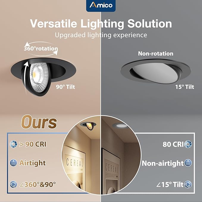 Amico 6 Pack 4 Inch 5CCT Gimbal LED Recessed Lighting, 360°&90°Adjustable Eyeball Directional Downlight, Dimmable, 2700K/3000K/3500K/4000K/5000K Selectable, 9W 700LM CRI90+, Black, ETL&FCC