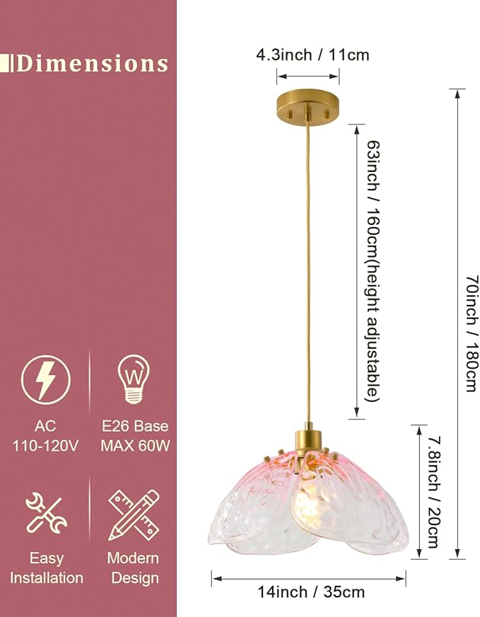 Vintage Gradient Pink Pendant Light,Bronze Pendant Lighting Fixture with Handmade Leaf Glass for Bedroom,Kitchen,Hallway,Entryway