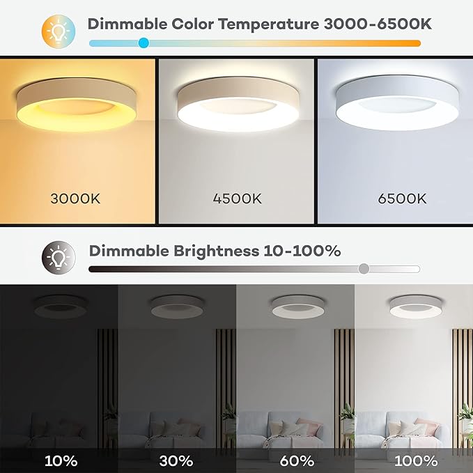 Annaror 16 Inch RGB Led Flush Mount Ceiling Light with Remote Control, 36w Dimmable Ceiling Lighting Fixture, 3000K-6500K Color Changeable, Modern White, for Bedroom Kids Room