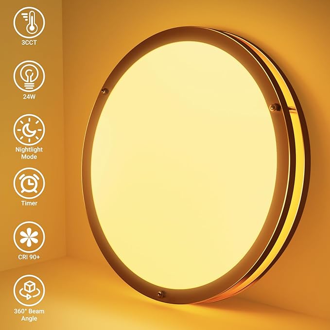 libtit 2Pack 13Inch Gold Ceiling Lights with Remote, Dimmable 5CCT 24W 2400lm Bright LED Flush Mount Light Fixture with Timer for Bedroom Kitchen Closets Hallway