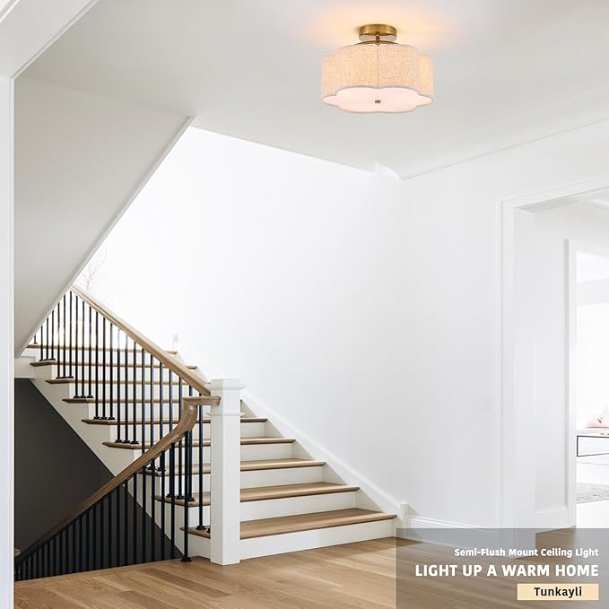13.78" Semi Flush Mount Ceiling Light Modern 3-Lights Gold Drum Ceiling Light Fixture with Fabric Linen Shade, Vintage Modern Ceiling Lighting for Laundry Room, Kitchen, Basement, Bedroom