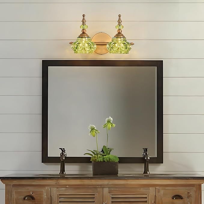 Green 2-Light Vintage Vanity Light Fixtures with Crystal Glass Shade, Rust-Proof and Durable Bathroom Lighting Wall Sconce for Bathroom Bedroom Living Room Hallway