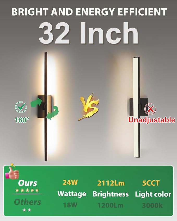 zouzai Second Generation Modern LED Bathroom Vanity Light Bar Black IP44 Over Mirror Bath Wall Fixture 5CCT Adjustable, Dual-Sided, 180° Adjustable Angle (32 inch)