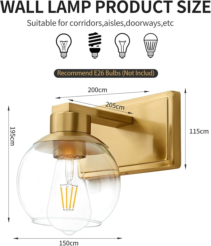 Brushed Brass Bathroom Sconces Set of 2, Gold Wall Sconces Set of Two, Bathroom Vanity Light with Clear Glass Shade, Modern Wall Light Fixtures for Bath Mirror Hallway Bedroom Living Room, Hardwired