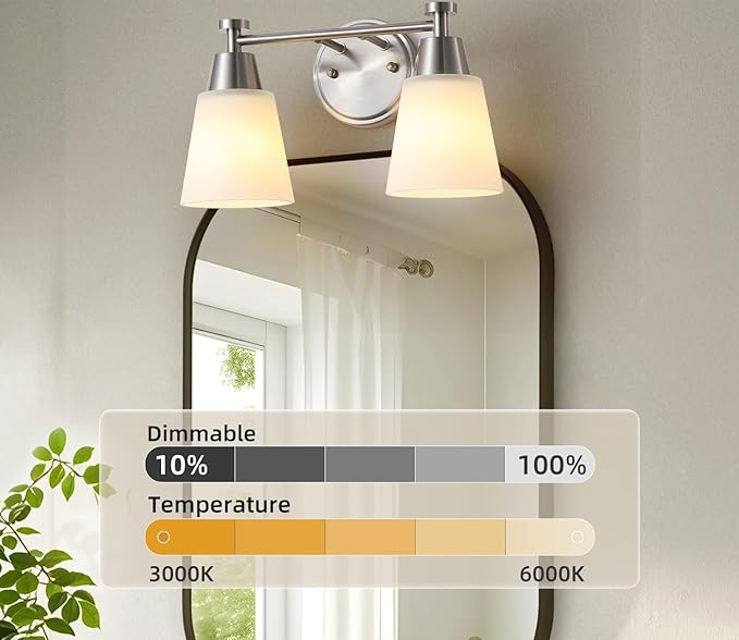 2-Light Bathroom Vanity Light, Brushed Nickel Finish with Milk Glass Shades, Over Mirror, for Bathroom Vanity