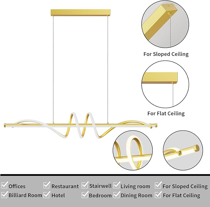 Modern LED Pendant Lights, Ceiling Chandelier Dimmable with Remote Control 3000k-6000K Adjustable Color Temperature, Aluminum Island Lighting Lamp Fixture for Kitchen, Dining Room(47in Gold)