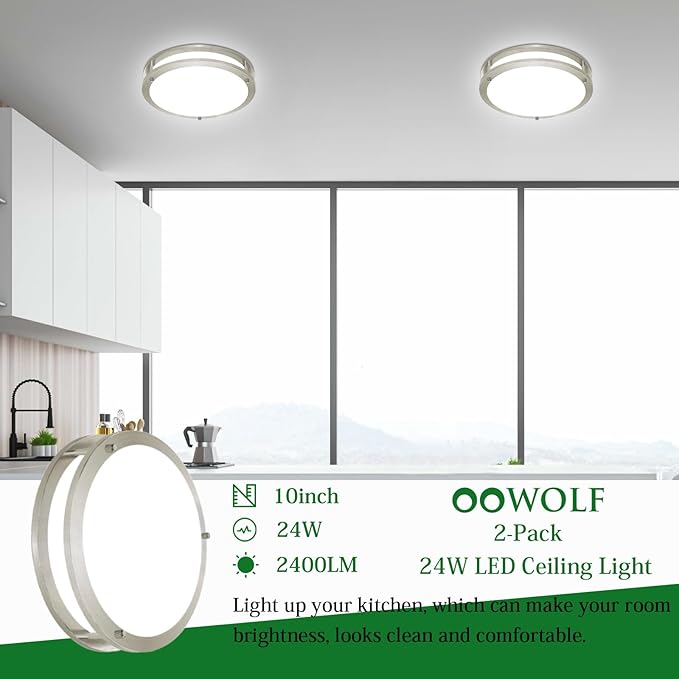 OOWOLF 10 Inch 24W LED Ceiling Lights, 5000K Brightness Adjustable Flush Mount Ceiling Light, Super Bright Brushed Nickel Lighting Lamp Fixture for Bedroom Bathroom Dining, 2-Pack, Daylight White