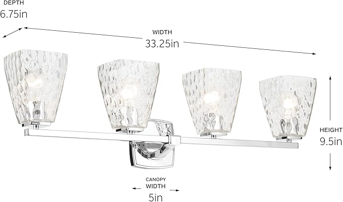 Kichler Marant 4-Light Bathroom Vanity Light Fixture 33.25" Chrome with Clear Water Glass Shade Over Mirror for Modern Powder Room and Bathroom Lighting (33.25" W x 9.5" H), 55217CHWTR
