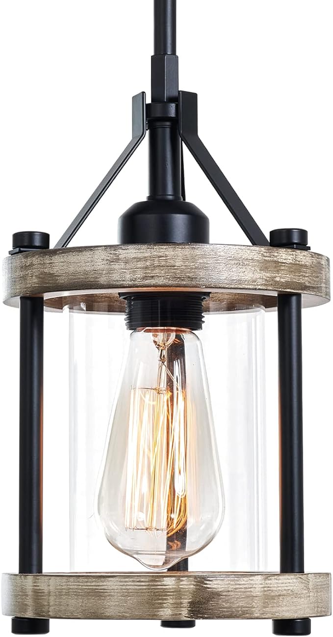 Farmhouse Pendant Light, Rustic White Wood and Metal Cage Hanging Light Fixtures with Glass, 43 Inch Adjustable for Flat and Slop Ceiling, Pendant Lighting for Kitchen Island Foyer Hallway
