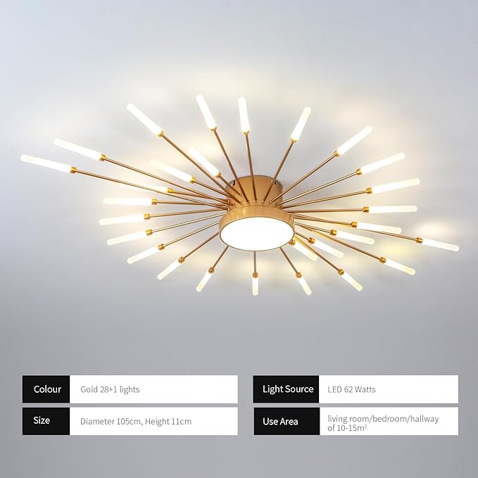 JAYMP 41.3" Ceiling Light Modern Flower Shape Ceiling Lamp for Living Room Dining Room Flush Mount Metal Acrylic Sputnik Firework Petal LED Lighting Fixture (Matte Gold, 28+1 Lights)
