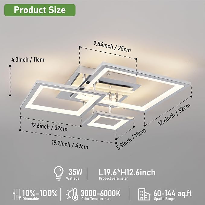 Modern Chrome Led Ceiling Light 3-Square Design 3000K-6500K Dimmable LED Ceiling Light with Remote 33W Acrylic Ceiling Lighting Fixture for Bedroom Kitchen Dining Room Office Lamps