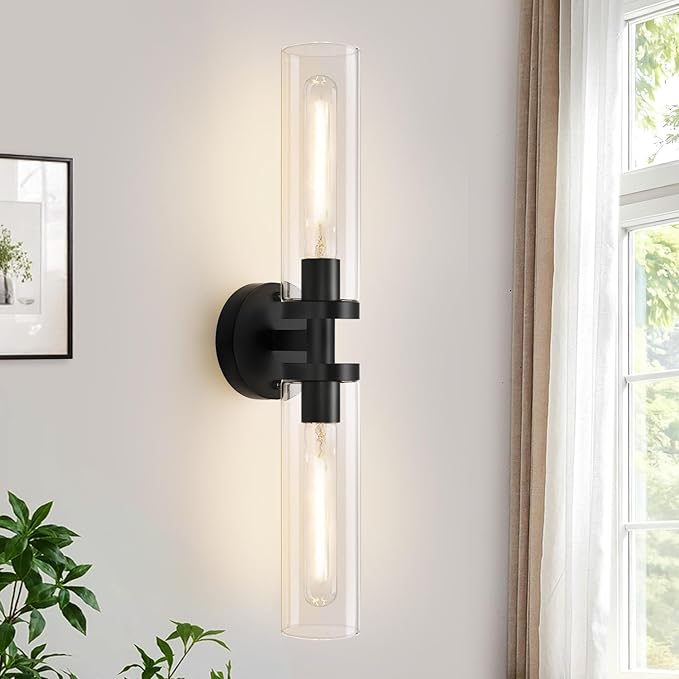 Indoi Matte Black Wall Sconces, Hardwired Bathroom Sconces Wall Lighting with Clear Glass, Modern Sconces Wall Light fixtures for Bathroom Mirror Living Room Hallway Bedroom