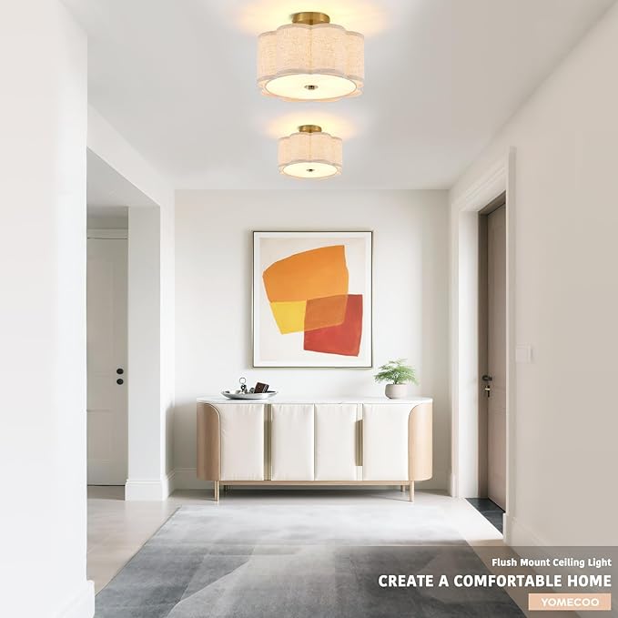 Semi Flush Mount Ceiling Light, Beige Linen Fabric Shade Ceiling Light, Golden Modern Farmhouse Close to Ceiling Light for Bedroom, Laundry Room, Hallway, Living Room, Dining Room