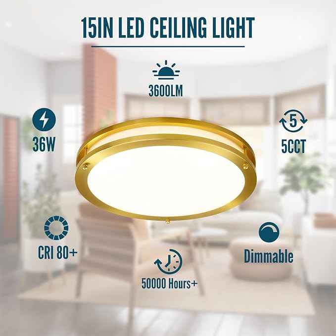Gold Ceiling Light Fixture Flush Mount LED,16 inch Kitchen Lighting Fixtures Ceiling Mount 36W, Dimmable Close to Ceiling Light Fixture 5CCT for Bedroom,Bathroom,Living Room