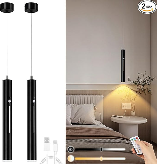 Lightess Battery Operated Pendant Light Set of 2, 6000mAh Rechargeable Hanging Light with Remote, 3 Color Dimmable, Wireless Chandelier for Kitchen Island Bedroom Hallway, Black