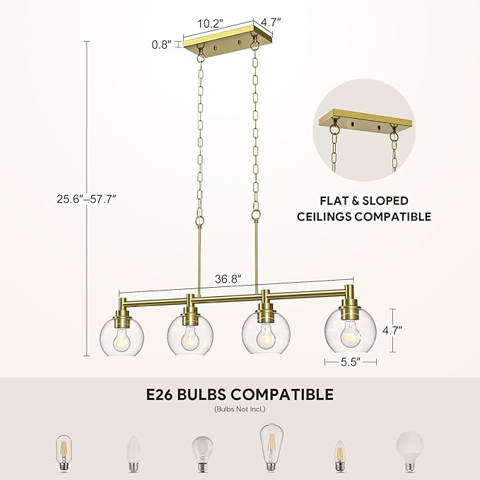 VONLUCE Dining Room Light Fixture Over Table, 4-Light Kitchen Island Lighting with Round Glass Shades & Adjustable Hanging Heights, Linear Chandlier for Dining Room Kitchen, Gold, ETL Certificated