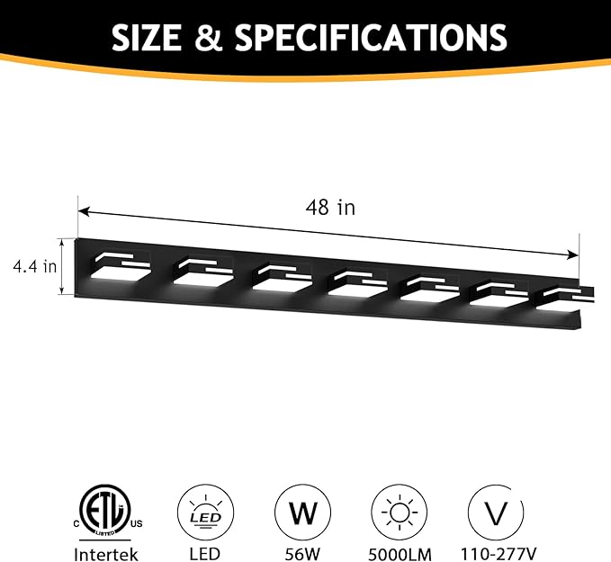 LED Modern Bathroom Vanity Light Fixtures 7-Light 48-inch 5CCT Dimmable Matte Black Vanity Lights for Bathroom Lighting Fixtures Over Mirror, with 360° Rotatable Acrylic Heads