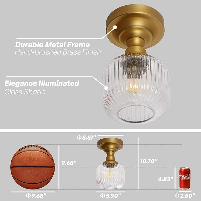 Modern Schoolhouse Semi Flush Mount Ceiling Light with Clear Ribbed Glass Lampshade, Industrial Close to Ceiling Light Fixture for Farmhouse Bedroom Entryway Stairs