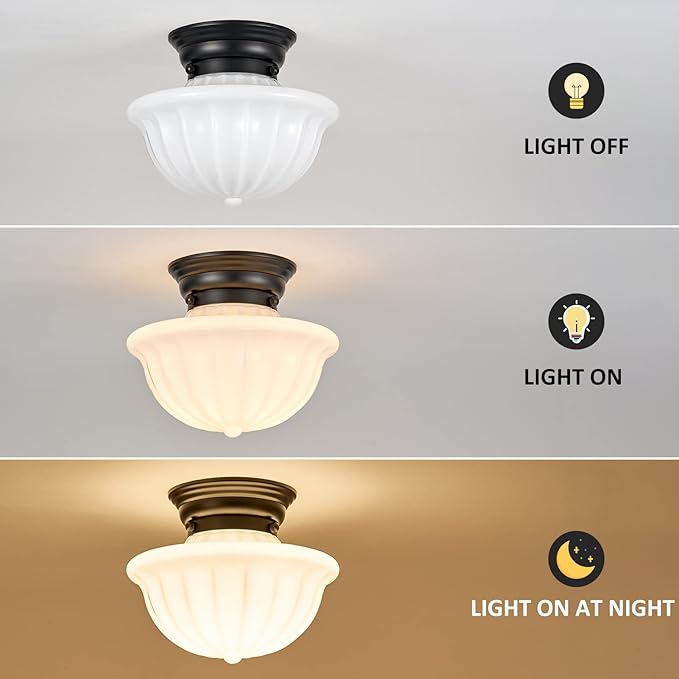 youngrender Black Schoolhouse Light Fixture Ceiling, 9 Inch Hallway Semi Flush Mount Ceiling Lighting, White Milk Glass Ceiling Lights Mid Century for Bedroom, Kitchen, Entryway