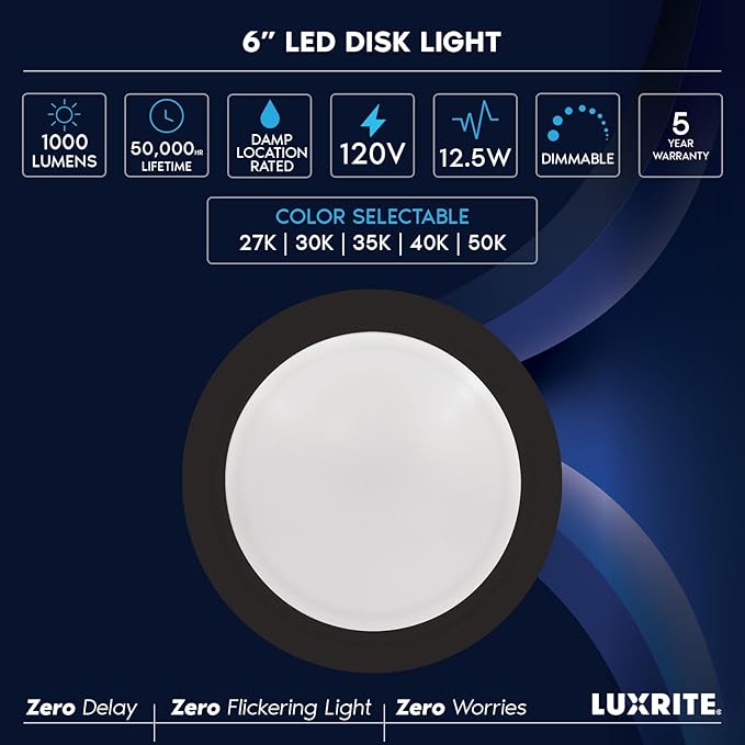 LUXRITE 6 Inch LED Disk Lights, Dimmable Flush Mount Ceiling Light, 5CCT Selectable 2700K 3000K 3500K 4000K 5000K, 12.5W, 1000LM (Black, 1 Count (Pack of 1))