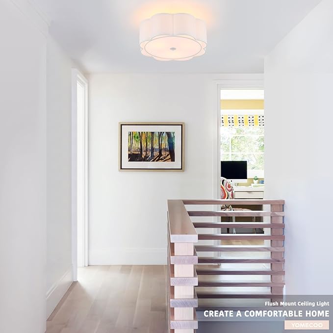Semi Flush Mount Ceiling Light, White Linen Fabric Shade Ceiling Light, Modern Farmhouse Close to Ceiling Light for Bedroom, Hallway, Living Room, Dining Room, Laundry Room