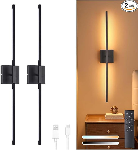Shenmoyl Battery Operated Wall Sconce Set of 2, 10400mAh Rechargeable Wall Lights, 3000K-6000K Dimmable, 350°Rotate, Indoor Wall Sconces with Remote for Bedroom Living Room Bathroom, Black, 31.5 Inch
