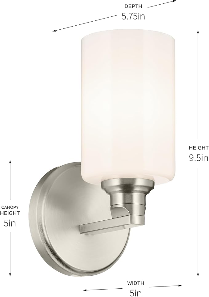 Kichler Gioe 5" 1-Light Wall Sconce with Opal Glass in Brushed Nickel, Damp Rated, for Powder Room, Bathroom, Kitchen, Hallway, Bedroom, Fireplace, (5" W x 9.5" H), 55224NI