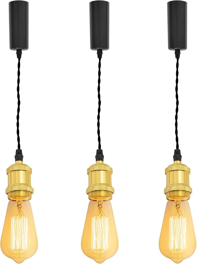 Kiven H-Type Track LightPendants, 59 Inch Cord Length Black Weave Rope Adjustable Length, Restaurant Chandelier DecorativePendant Light IndustrialPendant Lamp 3 Pack,Bulb Not Included（Bright Gold）