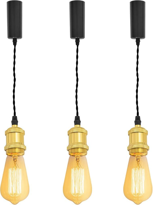 Kiven H-Type Track LightPendants, 59 Inch Cord Length Black Weave Rope Adjustable Length, Restaurant Chandelier DecorativePendant Light IndustrialPendant Lamp 3 Pack,Bulb Not Included（Bright Gold）