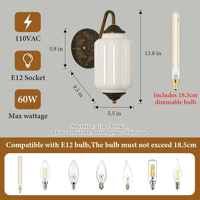 Vintage Milk Glass Wall Sconce - White Dimmable Indoor Wall Lighting with Bulb - Antique Embossed Brass Gold Sconces - Mid Century Vanity Light Fixture for Bathroom Bedroom Living Room Hallway Decor