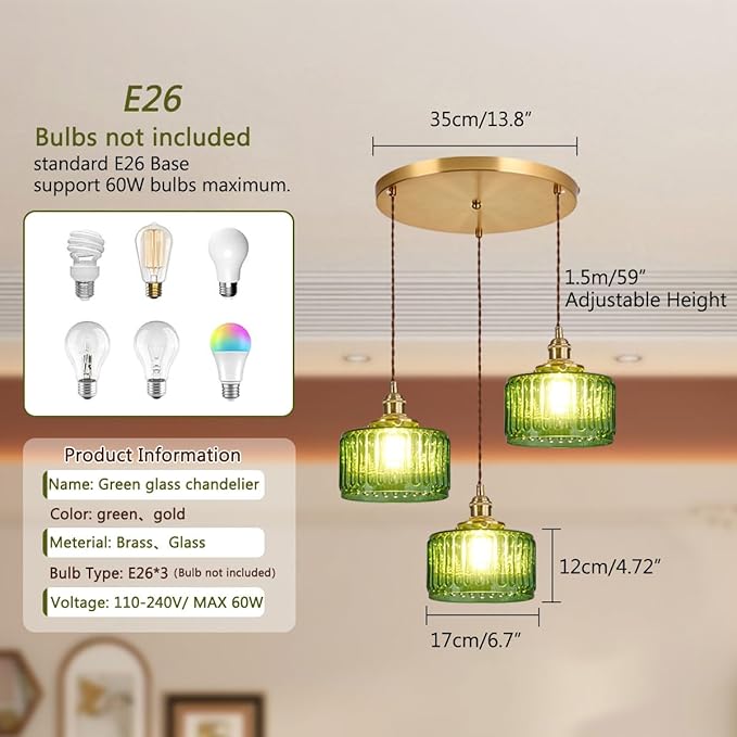 3-Light Modern Chandelier Pendant Light - Mid Century Sputnik Glass Globe With Green Striped Shade, Gold Adjustable Ceiling Lamp for Dining Room