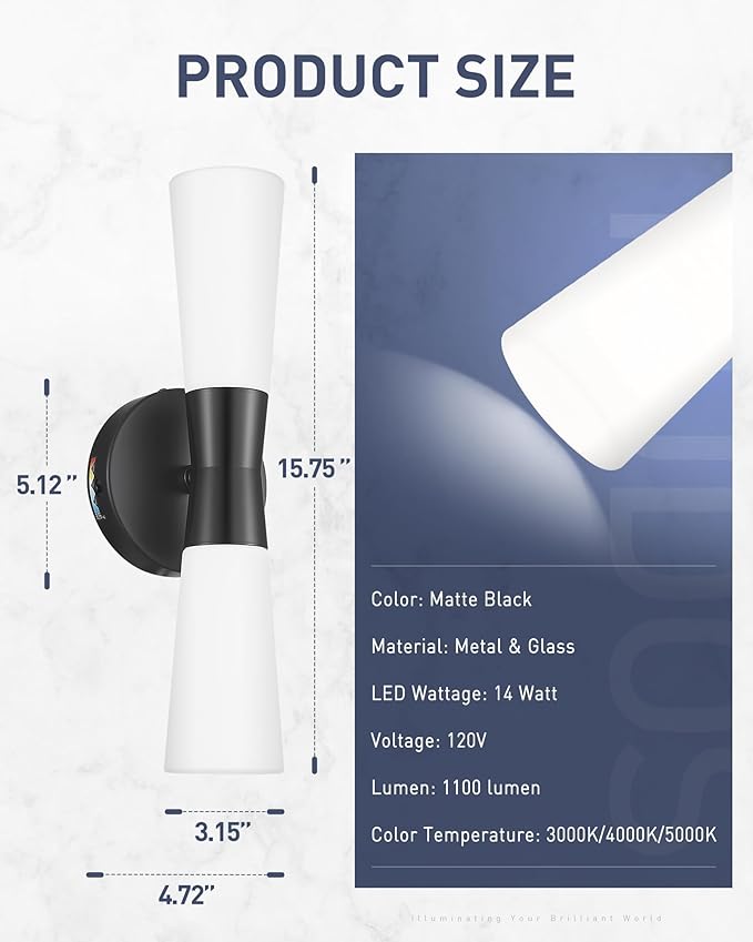 kudos Bathroom Sconces Set of 2, 16inches Black Vanity Light Fixtures, Modern Bathroom Light Fixtures with Milk White Glass, Dimmerable 3000K/4000K/5000K for Bedroom Hallway, KDVL13-BK-2PK