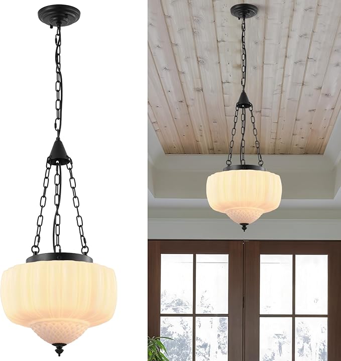14 Inch Schoolhouse Pendant Light,Milk White Glass with Black Chain,Mid Century Modern Hanging Pendant Light,Vintage Light Fixture for Bedroom,Dining Room,Island,Hallway