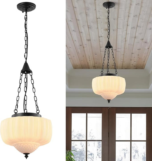 14 Inch Schoolhouse Pendant Light,Milk White Glass with Black Chain,Mid Century Modern Hanging Pendant Light,Vintage Light Fixture for Bedroom,Dining Room,Island,Hallway